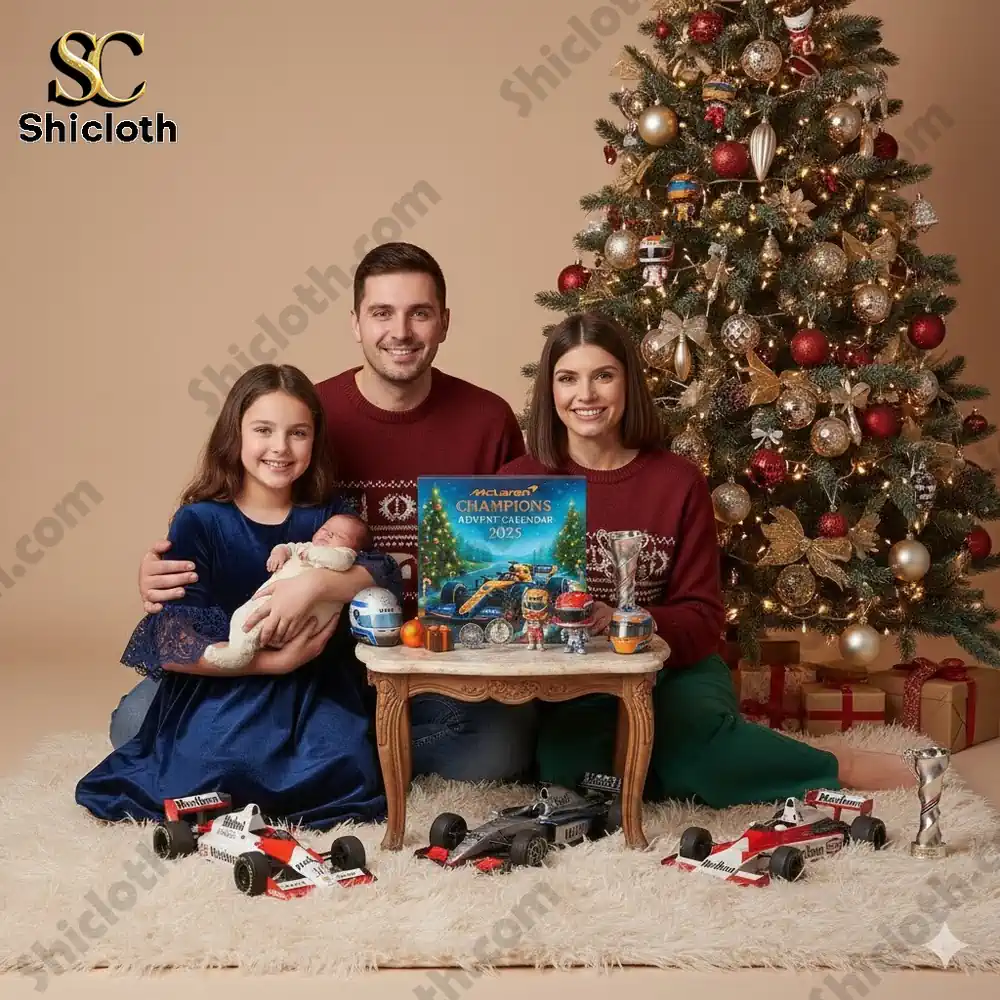 Family celebrating Christmas with McLaren Champions Advent Calendar 2025 and racing collectibles!