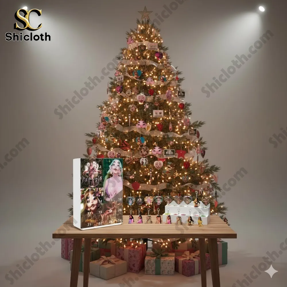 Melanie Martinez Portals Advent Calendar displayed on a wooden table in front of a decorated Christmas tree with gifts beneath it!