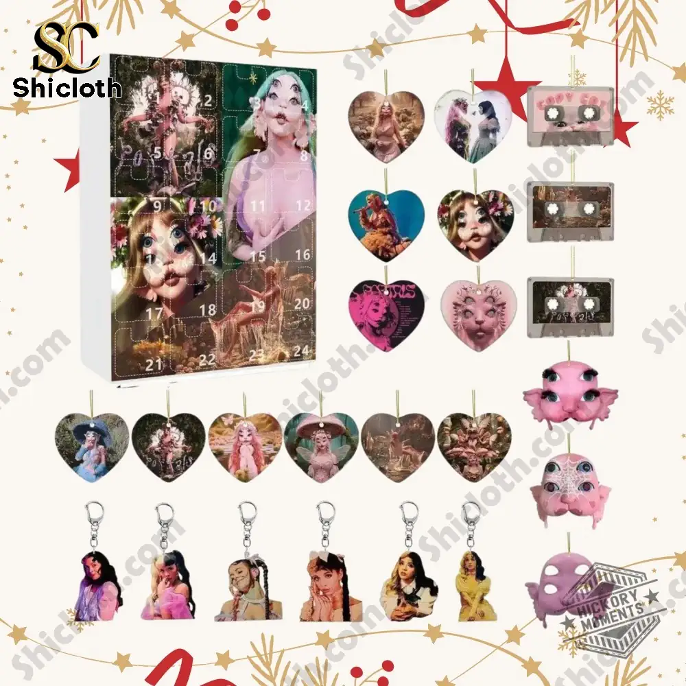 Melanie Martinez Portals Advent Calendar with heart ornaments keychains and mini figures displayed around the box!