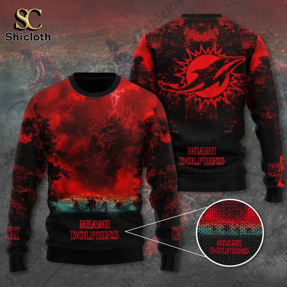 Front and back view of a Miami Dolphins x Stranger Things themed red and black sweater.