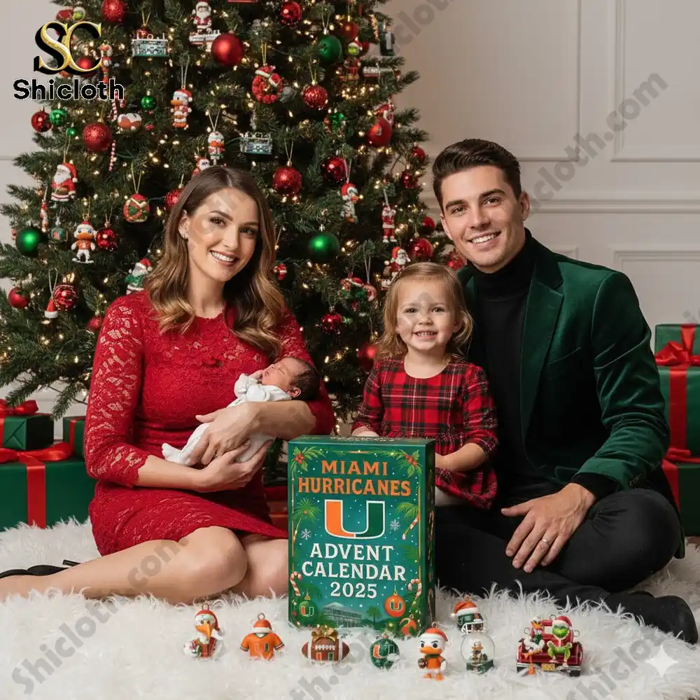 Family sitting by Christmas tree with Miami Hurricanes Advent Calendar 2025.