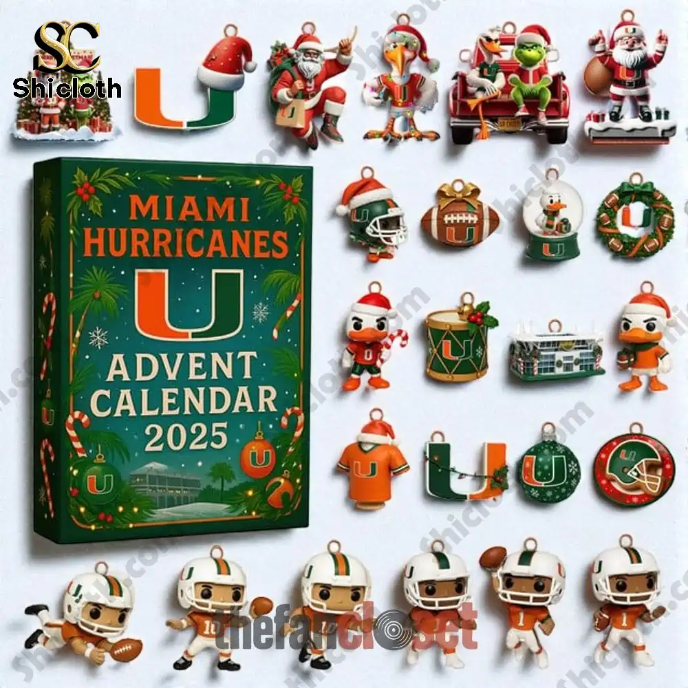 Collection of ornaments and figures from Miami Hurricanes Advent Calendar 2025.