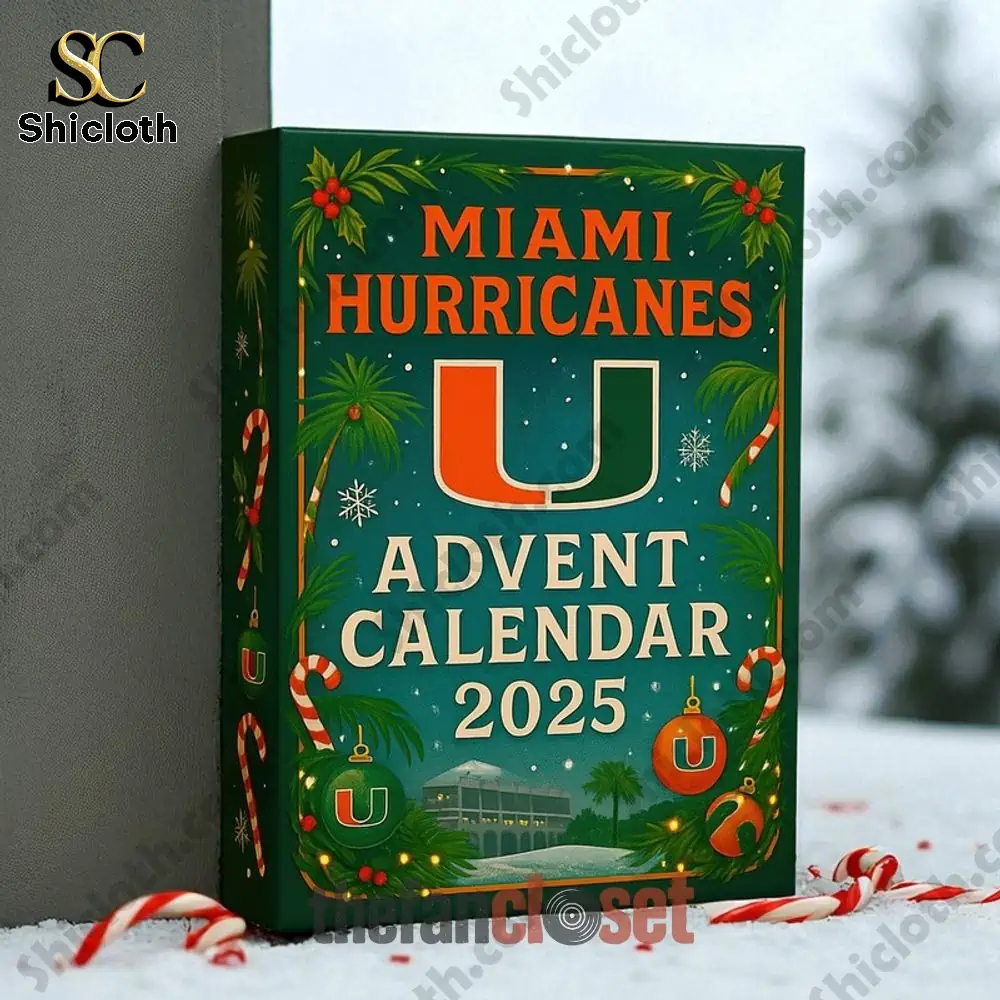 Miami Hurricanes Christmas 2025 Advent Calendar 3 Miami Hurricanes Advent Calendar 2025 box displayed outdoors in snow.