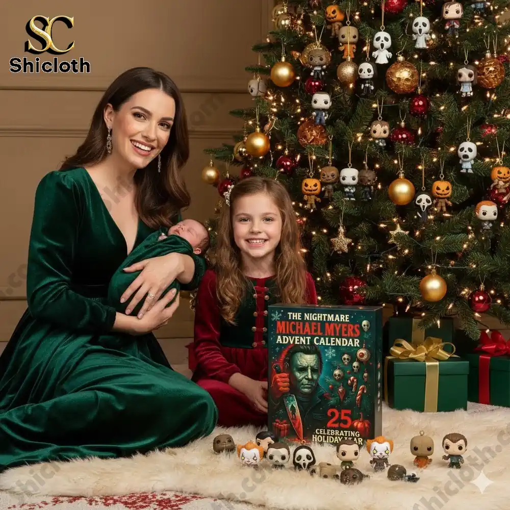 A mother holding a baby and a young girl sitting beside a Christmas tree with the Michael Myers Advent Calendar and small horror figures displayed!