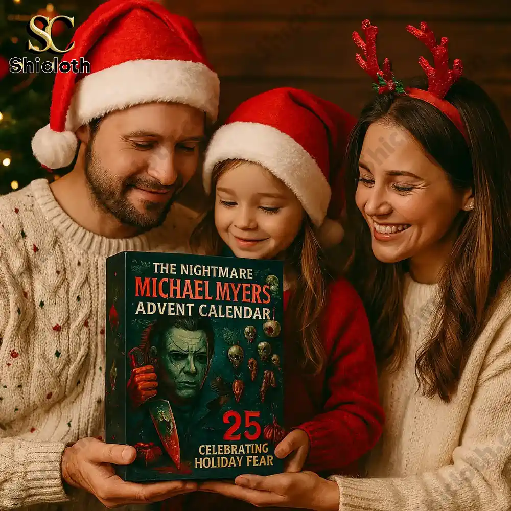 A family wearing Santa hats happily holding the Michael Myers Advent Calendar in a cozy Christmas setting!