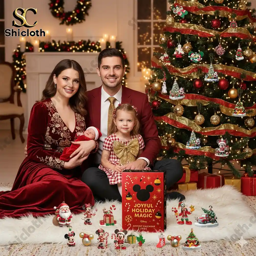 Family sitting by Christmas tree with Mickey Mouse Joyful Holiday Magic Advent Calendar 2025.