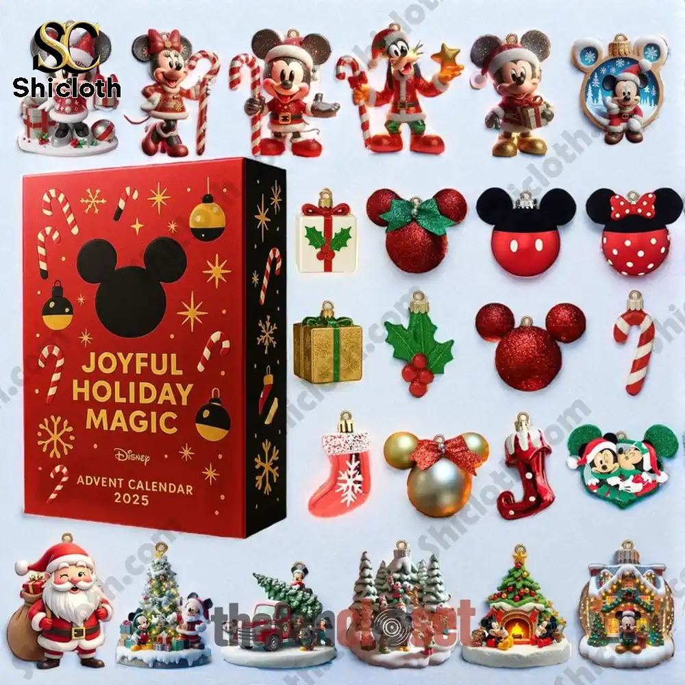 Collection of Disney ornaments and figures from Mickey Mouse Joyful Holiday Magic Advent Calendar 2025.