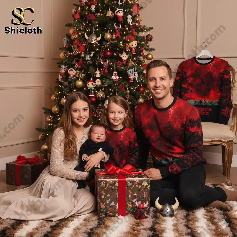 A family wearing matching Minnesota Vikings x Stranger Things sweaters posing by a Christmas tree with gifts.