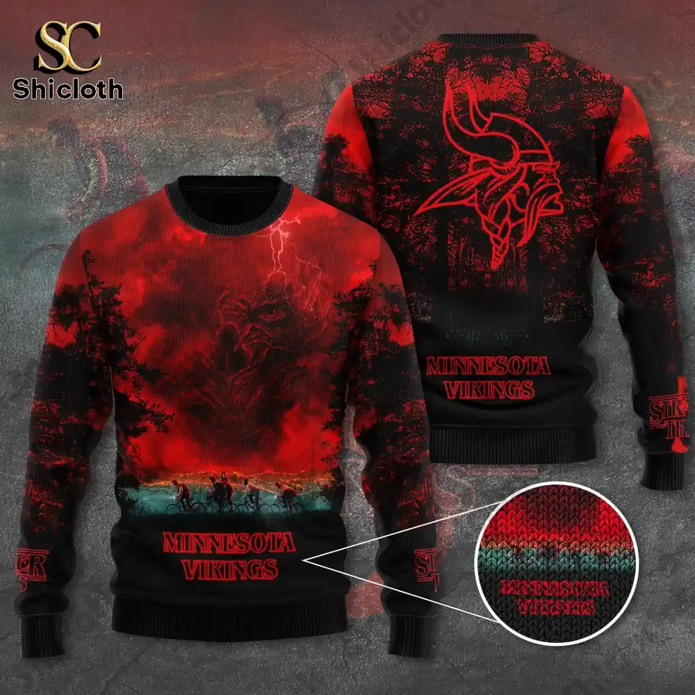 Front and back view of a red and black Minnesota Vikings x Stranger Things sweater.