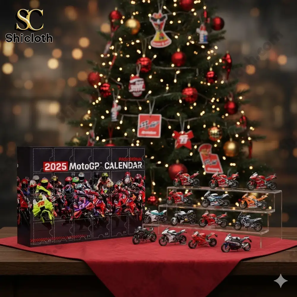 2025 MotoGP advent calendar with miniature race bikes displayed in front of a Christmas tree!