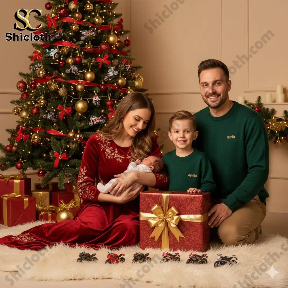 Family celebrating Christmas with MotoGP model bikes and a large gift box near the tree!