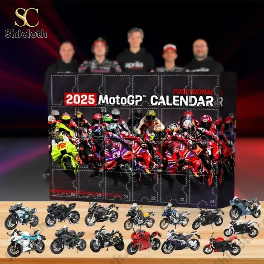 MotoGP 2025 Limited Edition Advent Calendar 3 MotoGP 2025 advent calendar with a full lineup of miniature race bikes displayed on a wooden table!