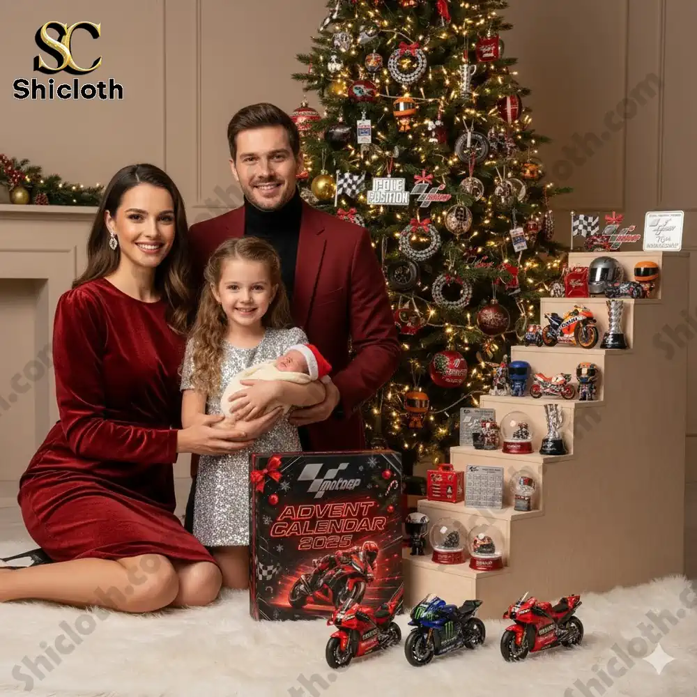 A happy family poses by a Christmas tree with the MotoGP Advent Calendar 2025 box and miniature motorcycle toys.