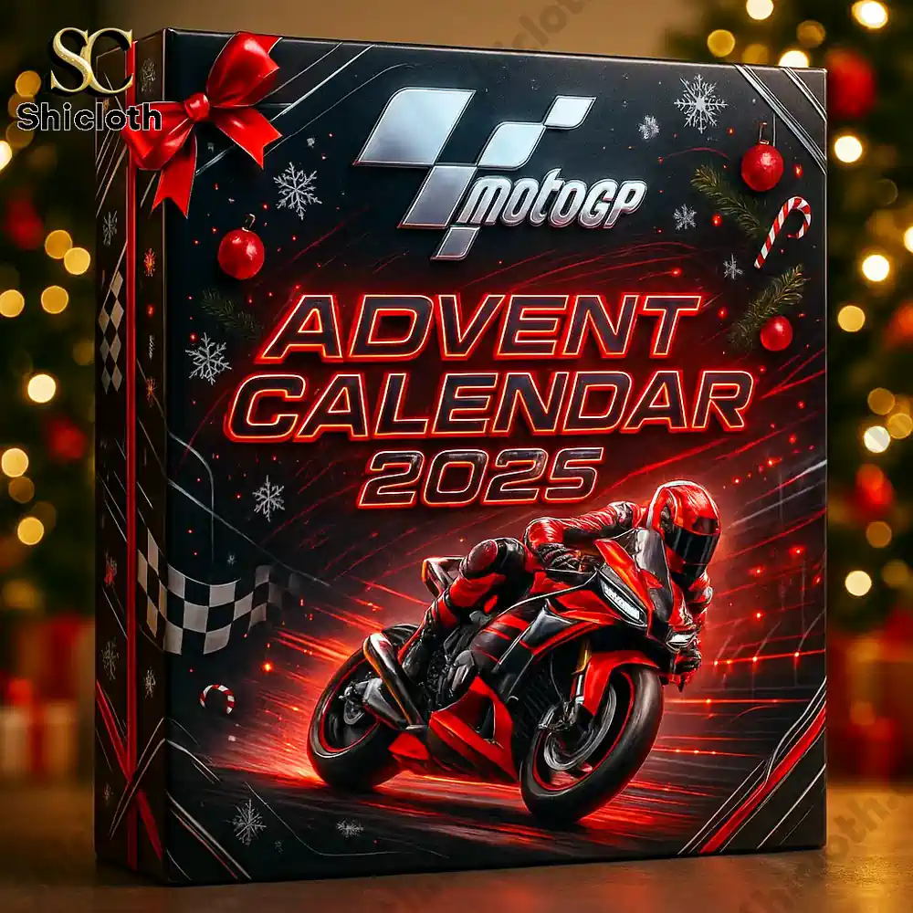 Close-up of the MotoGP Advent Calendar 2025 box with red racing design and holiday decorations.