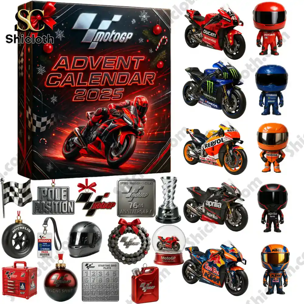 MotoGP Special Advent Calendar 2025 3 MotoGP Advent Calendar 2025 contents including miniature bikes, racing figures, helmets, and themed collectibles.