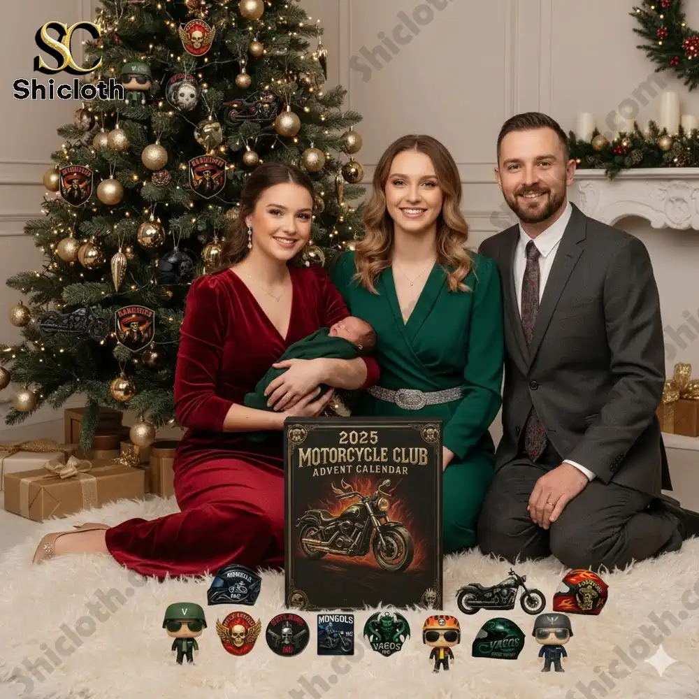 A smiling family sits by a Christmas tree with the 2025 Motorcycle Club Advent Calendar and collectible biker mini figures on a table.