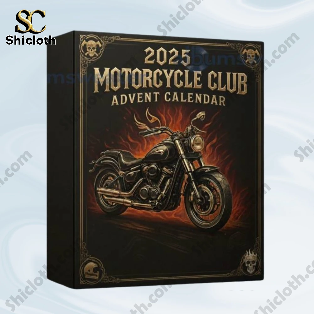 A close up of the 2025 Motorcycle Club Advent Calendar featuring a flaming motorcycle design on the cover.