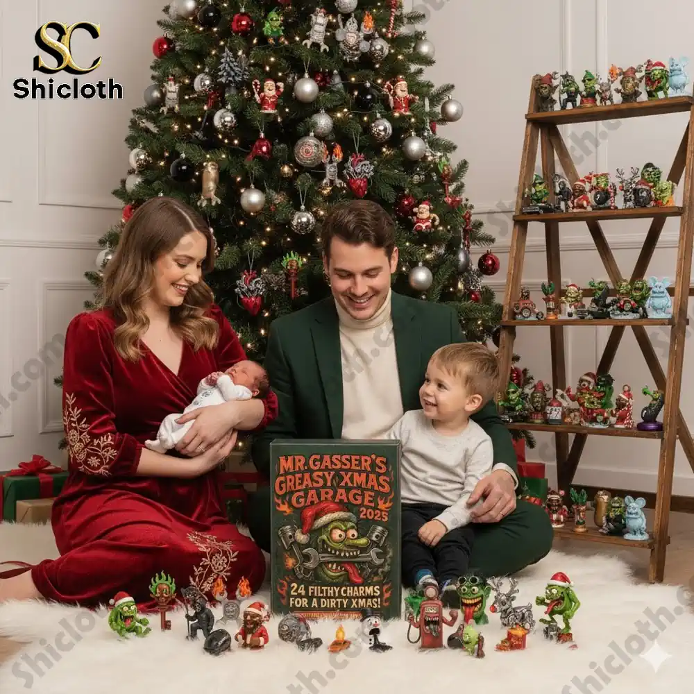 A family sits by a Christmas tree with the Mr Gassers Greasy Xmas Garage Advent Calendar 2025 and collectible figurines.