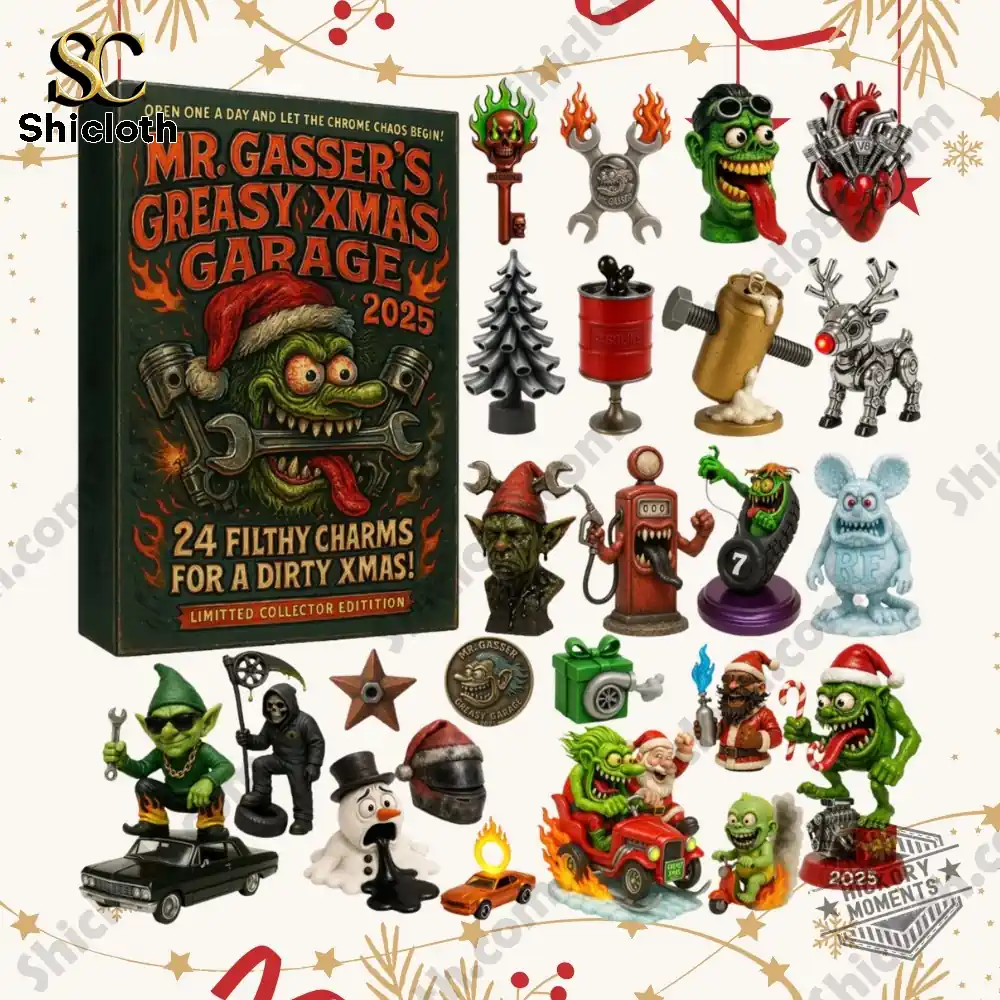 Mr Gassers Greasy Xmas Garage Advent Calendar 2025 with various quirky collectible figures and Christmas-themed charms.