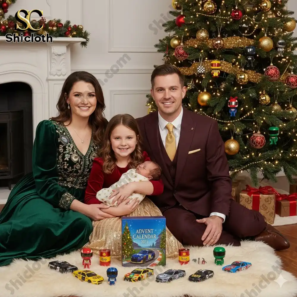 A smiling family sitting by a Christmas tree with the NASCAR 2025 Advent Calendar and toy race cars.