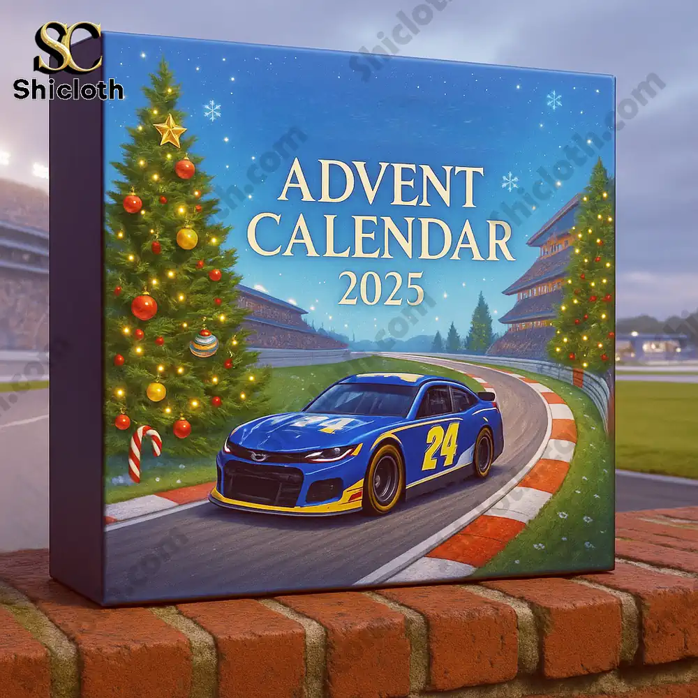 Close up of the NASCAR 2025 Advent Calendar box featuring a blue race car number 24 on a Christmas racetrack.