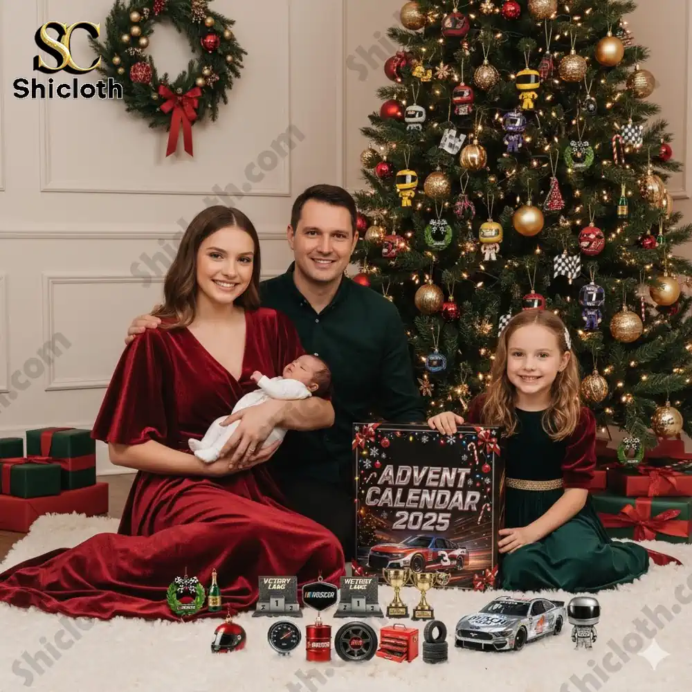 A family posing by a Christmas tree with a NASCAR Advent Calendar 2025 box and race car toys displayed on the floor!