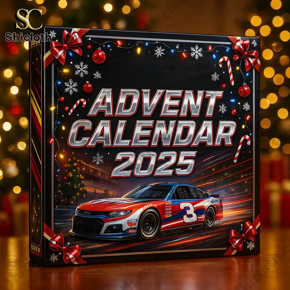 Close up of the NASCAR Advent Calendar 2025 box with race car graphics and Christmas decorations!
