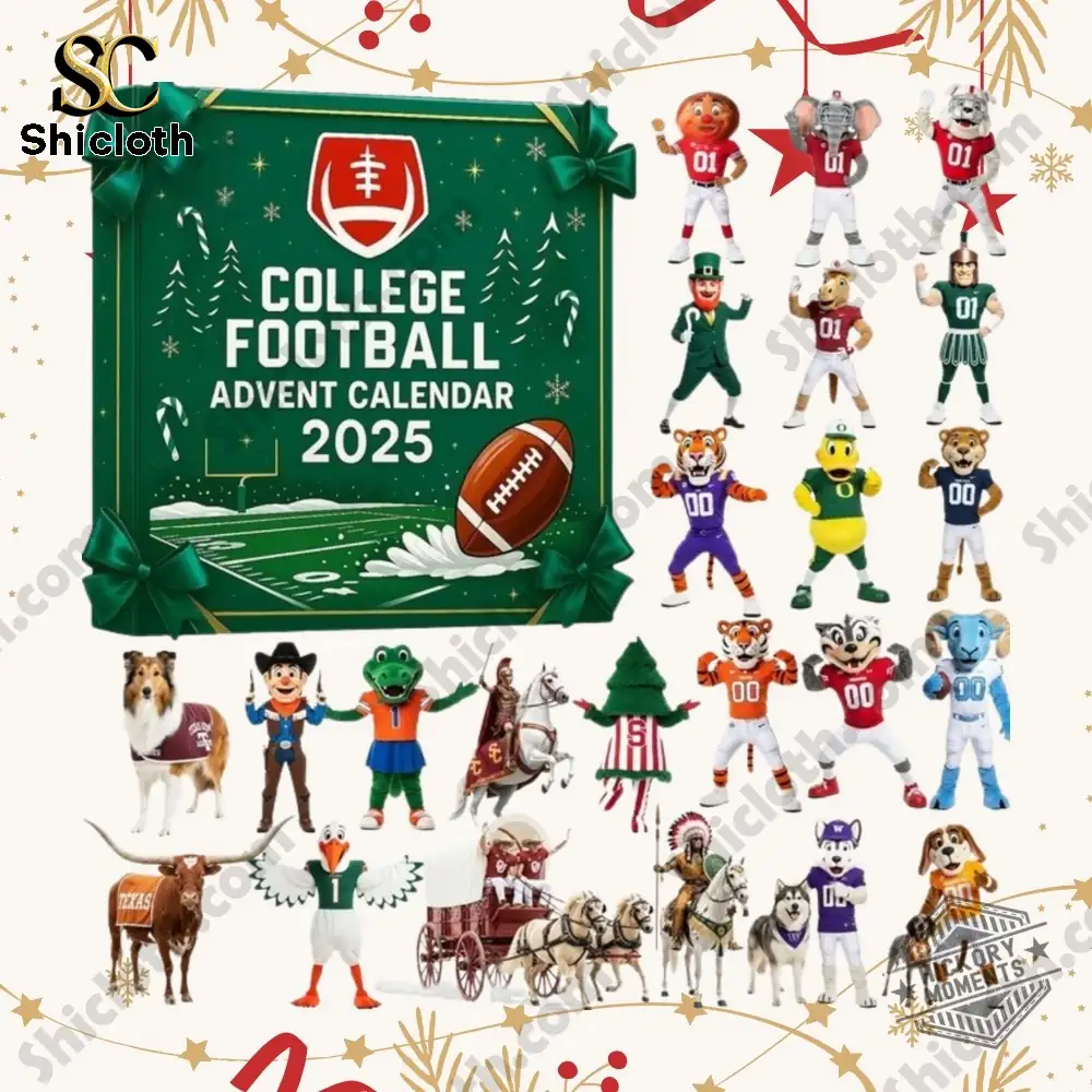 College Football Advent Calendar 2025 box with multiple college football team mascot figures displayed around it.