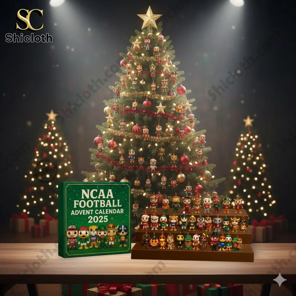 NCAA Football Advent Calendar 2025 displayed beside a decorated Christmas tree with miniature mascot figures.