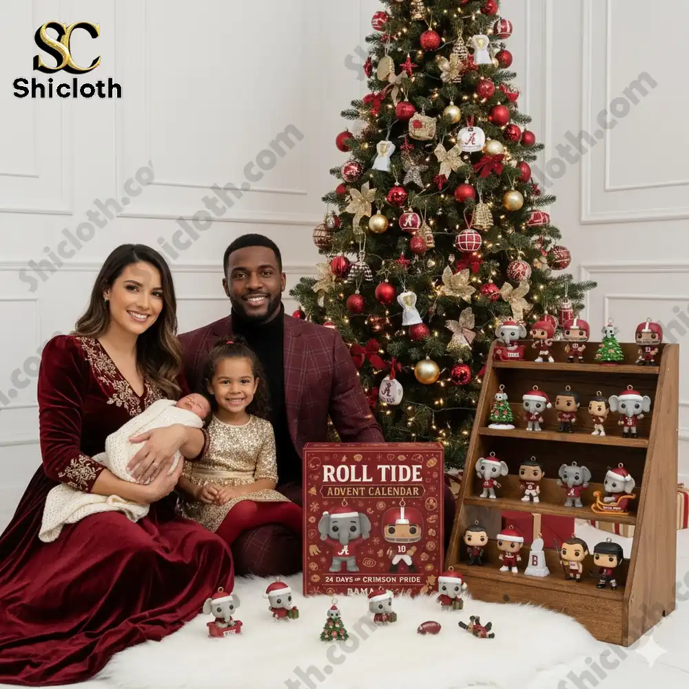 University of Alabama Big Al Crown Royal Whiskey Bottle 6 A family in red and gold outfits poses by a Christmas tree with the Roll Tide Advent Calendar 2025 and football themed mini figures.