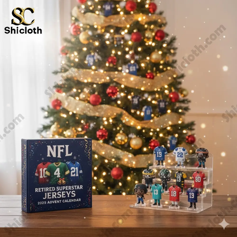 NFL Advent calendar box with miniature retired player jerseys displayed in front of a decorated Christmas tree!