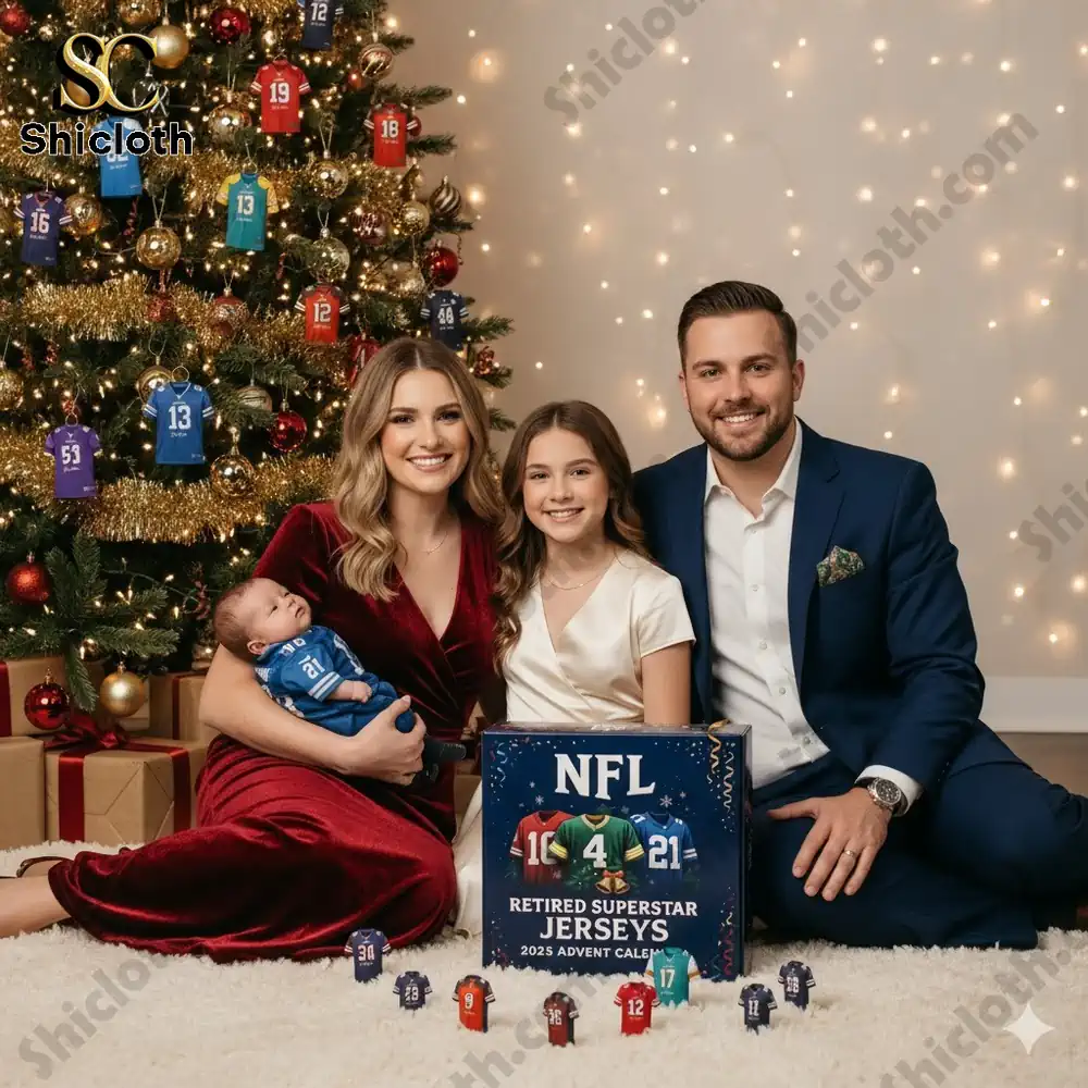 Family posing by Christmas tree with NFL Retired Superstar Jerseys Advent Calendar and mini jerseys!