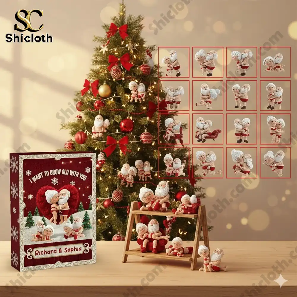 Naughty Couple Personalized Gifts For Old Couple Christmas Advent Calendar 2025 1 Christmas Advent Calendar for Richard and Sophia featuring Santa and Mrs Claus figures displayed near a decorated Christmas tree!