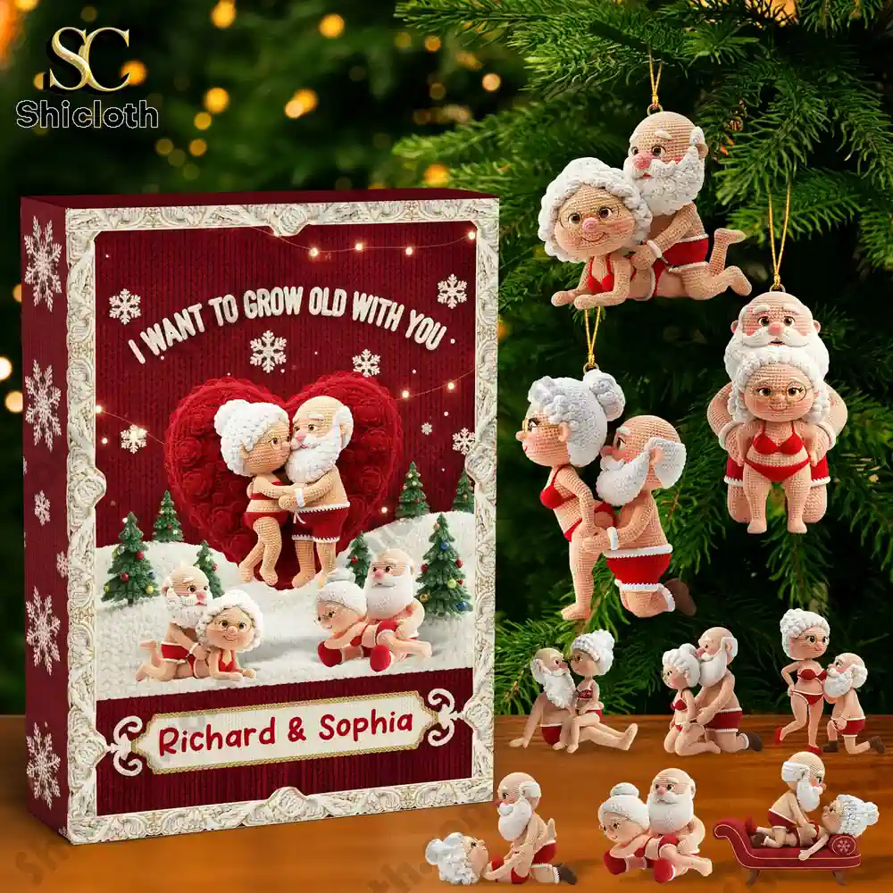 Naughty Couple Personalized Gifts For Old Couple Christmas Advent Calendar 2025 2 Personalized Advent Calendar box with playful Santa and Mrs Claus ornaments hanging on a Christmas tree!