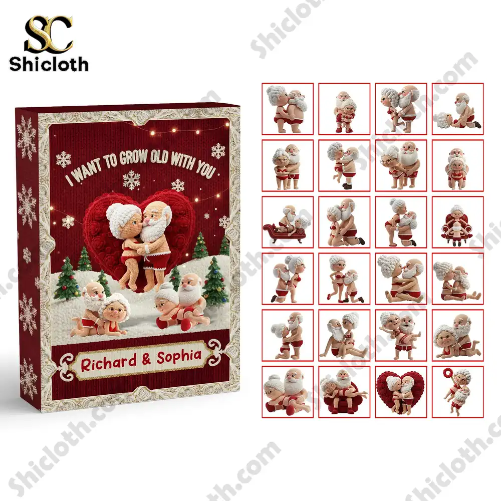 Naughty Couple Personalized Gifts For Old Couple Christmas Advent Calendar 2025 3 Complete set of Naughty Couple Advent Calendar with multiple Santa and Mrs Claus figurines beside the gift box!