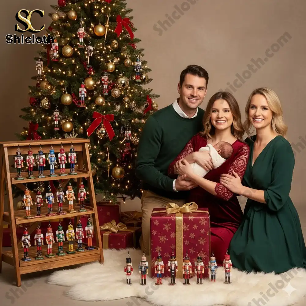 A family poses by a Christmas tree with the NCAA Nutcracker Advent Calendar 2025 and a collection of colorful nutcracker figures.