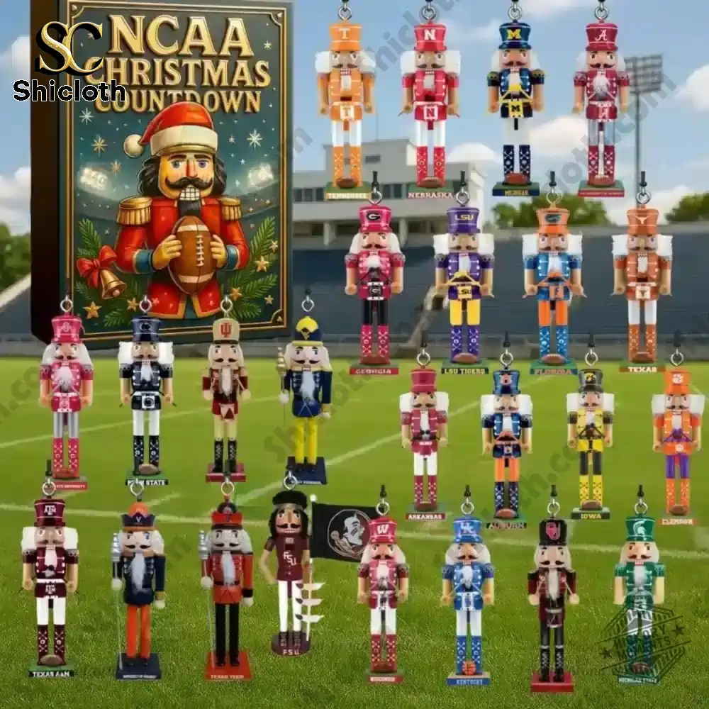 NCAA Nutcracker Advent Calendar 2025 featuring nutcracker figures in various university team colors and designs.