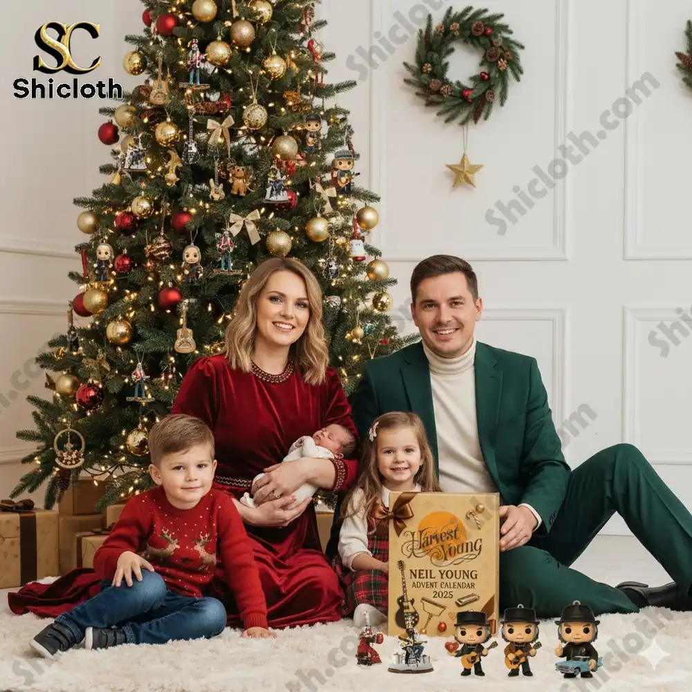 A family sitting by a Christmas tree with Neil Young Advent Calendar 2025 displayed in front.
