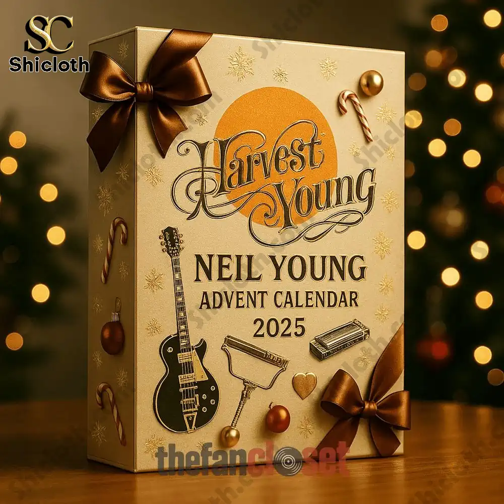 Close up of Neil Young Advent Calendar 2025 box with festive design.