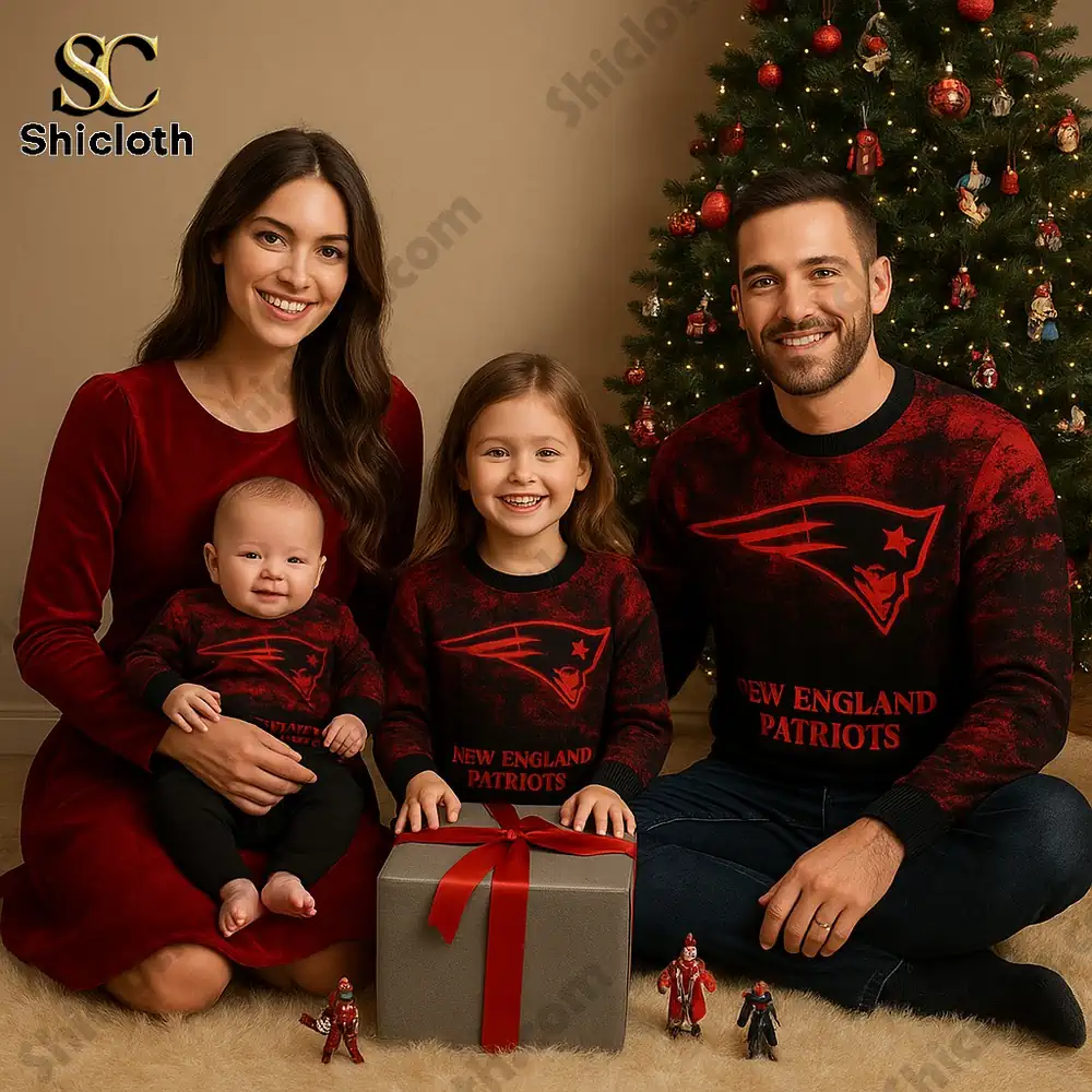 A family wearing matching New England Patriots x Stranger Things sweaters posing by a Christmas tree.