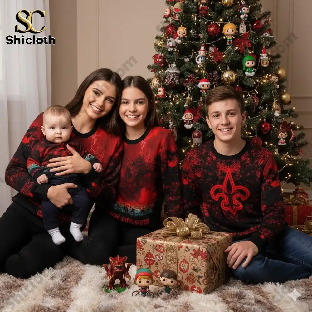 Family wearing matching New Orleans Saints Christmas sweaters posing by a decorated Christmas tree!