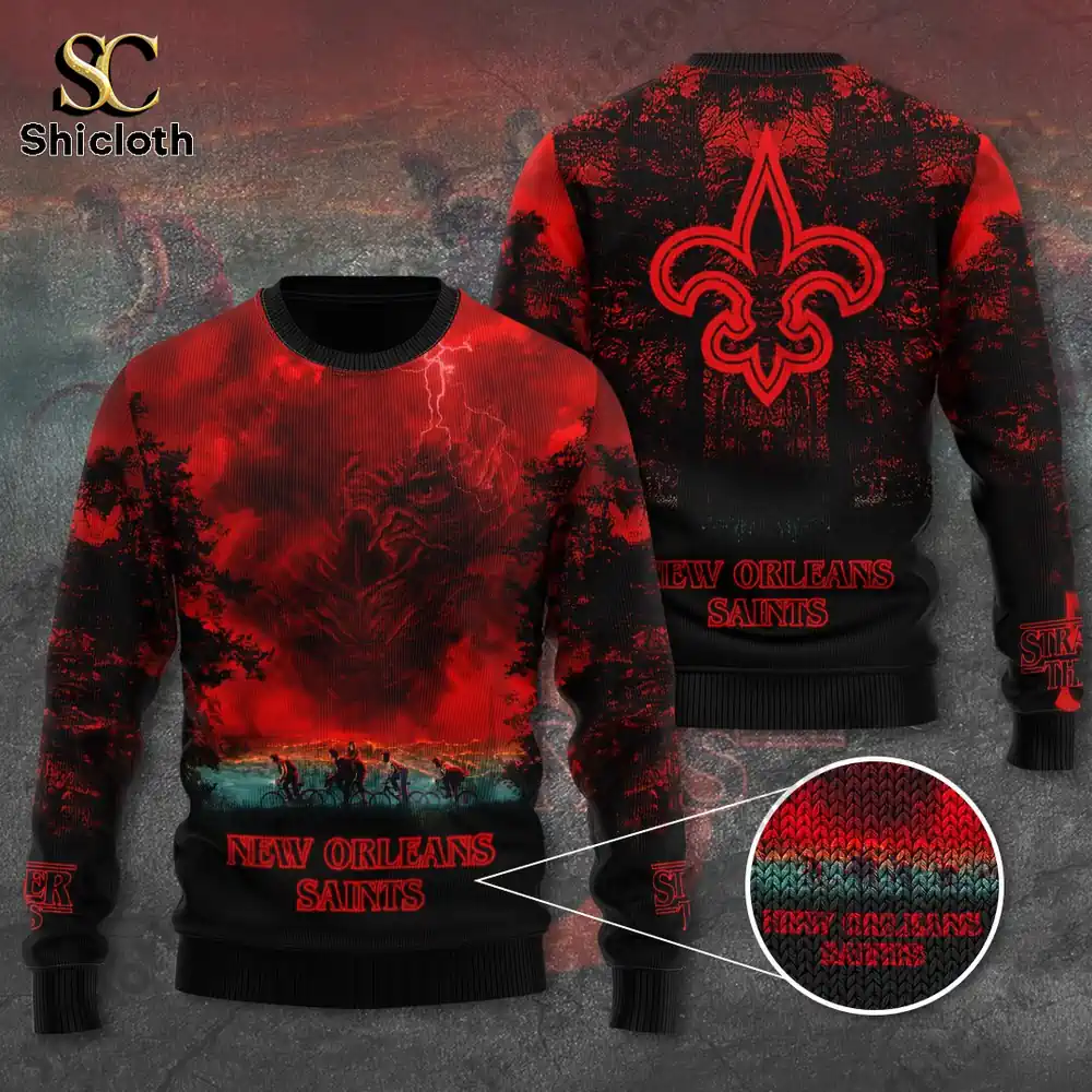 Red and black New Orleans Saints sweater with Stranger Things inspired design!