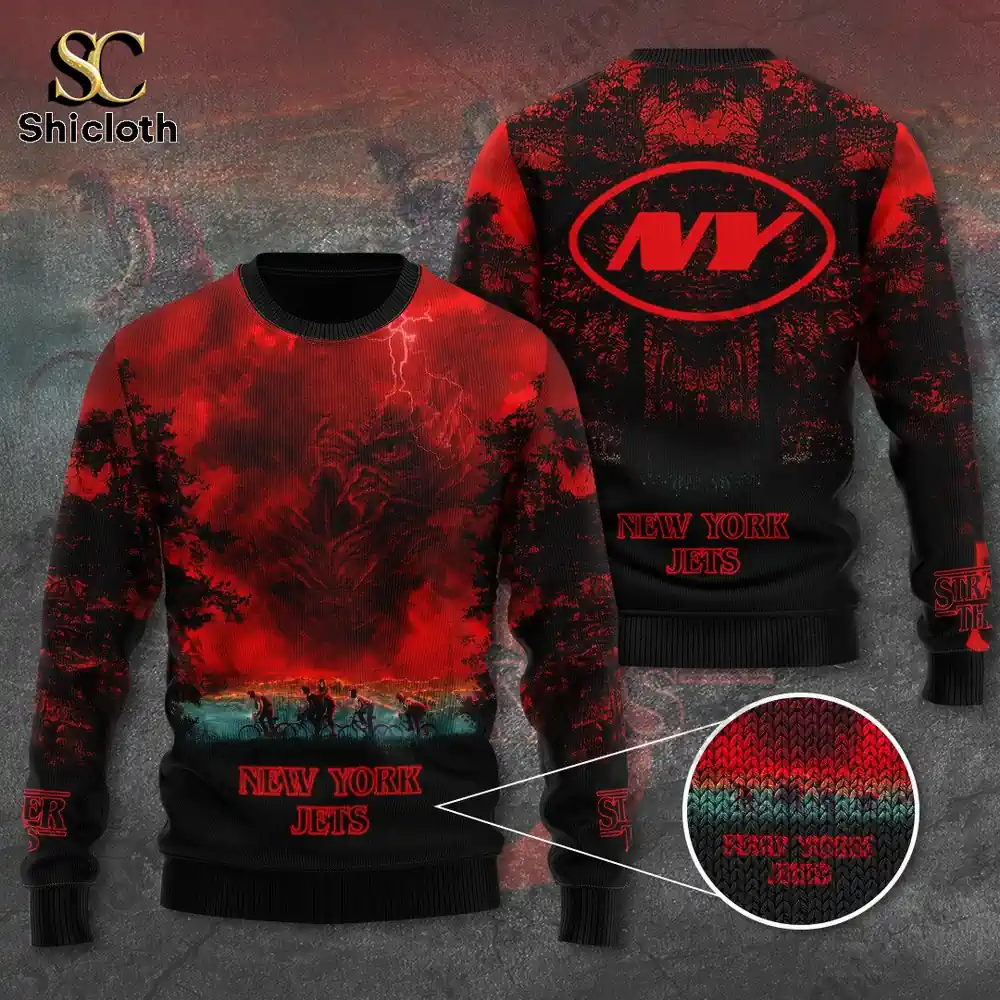 Red and black New York Jets sweater with Stranger Things inspired design!