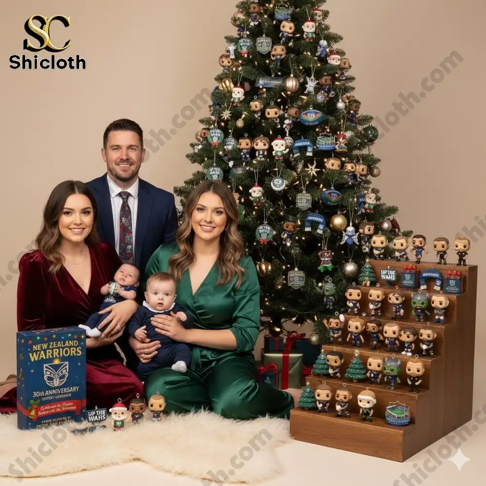A family poses beside a Christmas tree decorated with New Zealand Warriors ornaments and an advent calendar display.