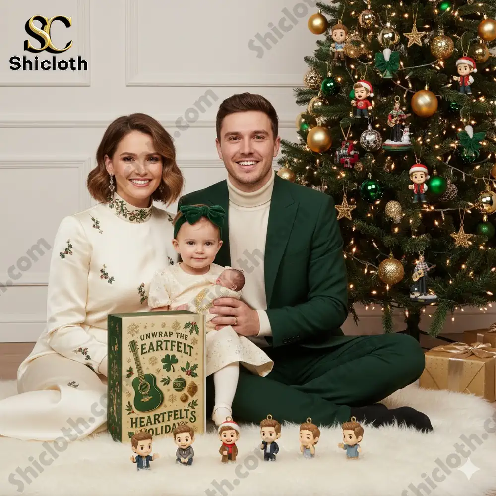 A family sitting by a Christmas tree with Shicloth Niall Horan Advent Calendar 2025 displayed in front.