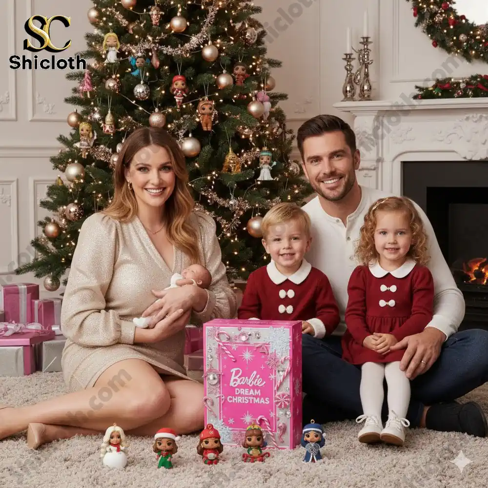 A family sitting by a Christmas tree with Barbie Dream Christmas Advent Calendar from Shicloth.