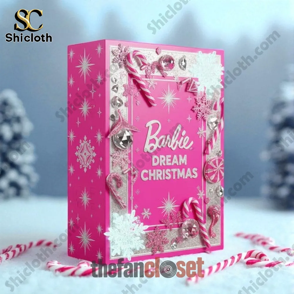 Close up of Barbie Dream Christmas Advent Calendar Shicloth pink box.