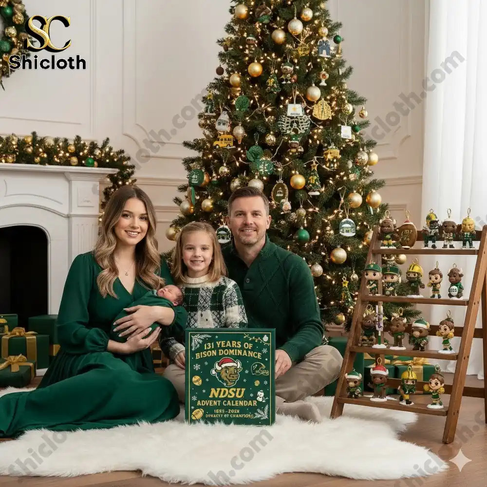 A family of four sitting in front of a Christmas tree holding an NDSU Advent Calendar box!