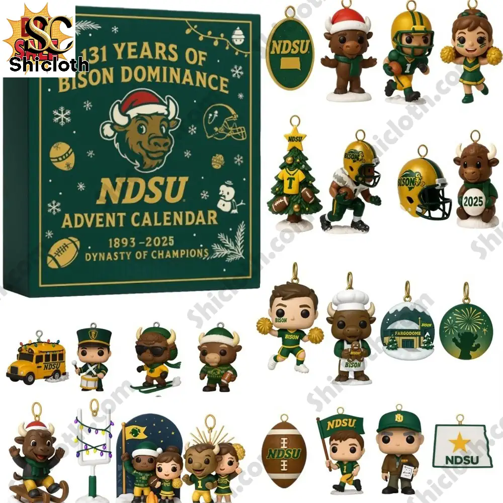 North Dakota State Bison Football 131St Anniversary Advent Calendar 2025 3 NDSU Advent Calendar set with collectible mini figures and ornaments featuring the Bison mascot and team symbols!