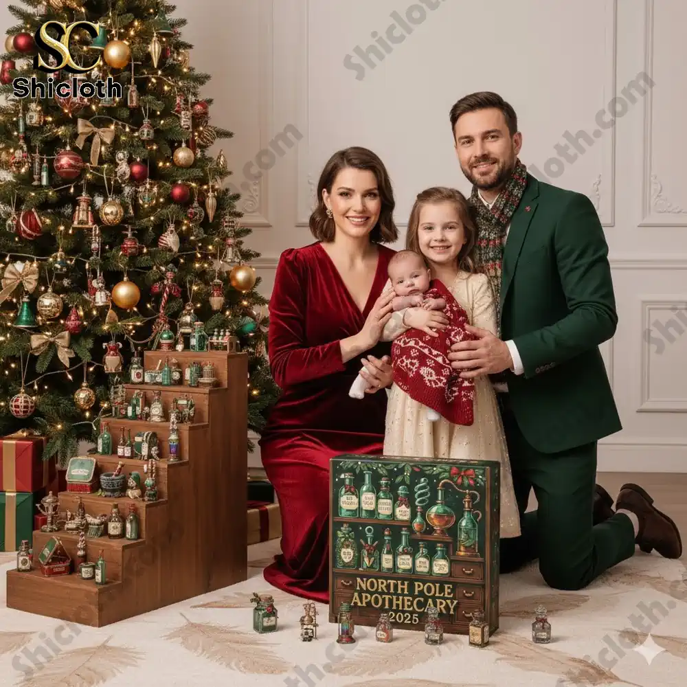 A family poses beside a Christmas tree with the North Pole Apothecary 2025 Advent Calendar and miniature bottles display.